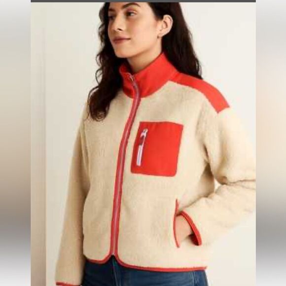 J. Crew Fleece Jacket in Cream and Orange Red Size Medium - Picture 1 of 9